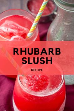 two glasses filled with rhubarb slush on top of a purple cloth