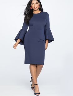 Flare Sleeve Scuba Dress NAVY Plus Size Wedding Guest Dresses, Plus Size Party Dresses, Fashion Goals, Scuba Dress, Stylish Plus, Plus Size Fashion For Women, Plus Size Wedding, Plus Size Womens Clothing, African Fashion Dresses