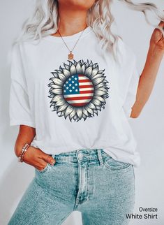 Sunflower Themed Red White and Blue America Flag Tshirt, 4th Of July Flag Hoodie, USA  Stars Land Sweatshirt For Women , Gift For Mom, E7975 If you are looking for soft, comfortable, first-class clothes that you can design for your most special days or your loved ones, you are at the right place! We love what we do here at Best Creative Designs and we strive to make your shopping experience just right for you. If you have any questions about our products, feel free to message us anytime. Rest as White T-shirt With American Flag Print For Spring, Casual Independence Day T-shirt With Star Print, Red Star Print Crew Neck Tops, Casual Red Tops With Star Print, White Star Print T-shirt For Spring, Casual Red Star Print Tops, Casual Red Top With Star Print, American Flag Crew Neck Top For Spring, Casual Tops With Star Print For Independence Day