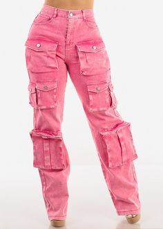 High Waist Utility Cargo Jeans Acid Wash Fuchsia Cargo Jeans, Acid Wash, High Jeans, Pink Color, Zip Ups, High Waist, Hand Wash, High Waisted, How To Wear