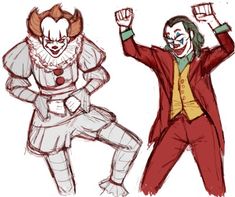 two clowns with their arms in the air and one is wearing a red suit