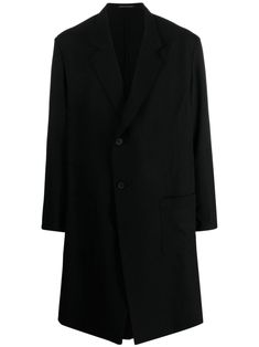 black wool notched lapels front button fastening long sleeves straight hem mid-length Wool Coat Black, Coat Black, Yohji Yamamoto, Mens Outerwear, Outerwear Coats, Black Wool, Black Coat, Wool Coat, Mid Length