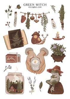 the green witch is holding a candle in his hand and surrounded by other items that include plants