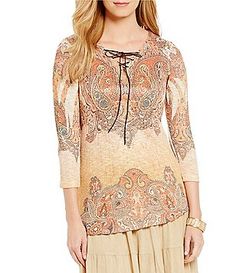 Reba "Sierra Sunrise" Lace-up V-Neck Printed Top Bohemian 3/4 Sleeve Fall Tops, Bohemian 3/4 Sleeve Tops For Fall, Casual Peasant Top With 3/4 Sleeve For Fall, Casual 3/4 Sleeve Peasant Top For Fall, Paisley Print 3/4 Sleeve Summer Top, Bohemian Spring Tunic With 3/4 Sleeves, Paisley Print Summer Top With 3/4 Sleeves, Summer Paisley Print Top With 3/4 Sleeves, Multicolor Peasant Top For Fall