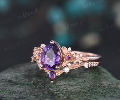 Purple Amethyst Ring With Rose Cut Diamonds For Wedding, Unique Purple Amethyst Wedding Ring, Unique Purple Amethyst Ring For Wedding, Handmade Purple Amethyst Wedding Ring, Purple Diamond Ring, Leaf Veins, Ethereal Jewelry, Amethyst Engagement Ring, Dream Rings