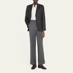 Officine Generale "Willow" herringbone pants in Italian wool  High rise Four-pocket style Pleated front  Straight legs Cuffed hem Concealed hook/zip fly; belt loops  Virgin wool Dry clean Imported Fall Straight Pants With Concealed Placket, Straight Pants With Concealed Placket For Fall, Wool Bottoms With Concealed Placket For Fall, Formal Wide-leg Bottoms With Belted Cuffs, Formal Wide Leg Bottoms With Belted Cuffs, Business Wide Leg Pants With Straight Hem And Pockets, Straight Leg Bottoms With Concealed Placket For Fall, Business Bottoms With Belt Loops For Fall, Tailored Pants With Button Cuffs For Fall