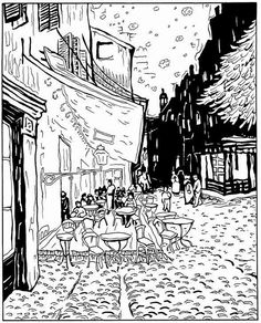 black and white drawing of people sitting at an outdoor cafe