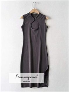 Women Dark Grey Cut out front Sleeveless Midi Dress with Turtle Neck Hook and side Split detail Casual Fitted Sleeveless Dress With Side Slits For Spring, Sleeveless Bodycon Dress With Side Slits For Summer, Sleeveless Stretch Bodycon Dress With Side Slits, Fitted Sleeveless Bodycon Dress With Side Slits, Casual Sleeveless Midi Dress With Side Slits, Sleeveless Spring Dress With Side Slits, Imperial Fashion, Tank Decoration, Table S