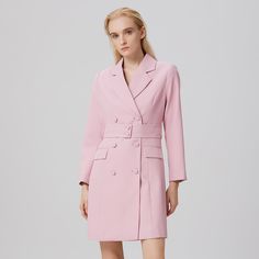 A timeless mid-season piece, this coat remains a safe and modern value. It is embellished here with flaps on the hips, a tailored collar, double buttoning and a wide buckled belt highlighting the waist. An item that is both chic and refined with many possibilities, a must-have for any wardrobe. To wear without moderation as soon as fall arrives. Main material: 100% Polyester. Lining: 100% Polyester.  Hand washing. Low ironing temperature / bleaching prohibited. Do not tumble dry. Spring Career Outerwear With Double-breasted Button, Spring Career Outerwear With Double-breasted Button Fastening, Spring Career Blazer Dress With Suit Collar, Spring Blazer Dress Long Coat For Business, Semi-formal Pink Outerwear For Fall, Spring Career Blazer Dress With Lapel Collar, Spring Career Blazer Dress Double-breasted, Spring Career Blazer Dress With Double-breasted Button, Double-breasted Jacket Dress For Work In Fall