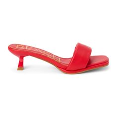 Vegan padded one band sandal on architectural kitten heel. $47.95 Red Summer Mules With Sculpted Heel, Red Sandals With Deep Heel Cup For Spring, Red Open Toe Kitten Heels For Summer, Kitten Heel Sandals, Heeled Sandal, Shoe Insoles, Kids Sandals, Boot Accessories, Girls Boots