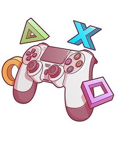 an image of a video game controller with various symbols around it on a white background