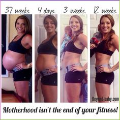 three pictures of a pregnant woman with her belly exposed and the words motherhood isn't the end of your fitness