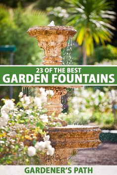 the garden fountain is surrounded by white flowers and greenery with text overlay that reads, 25 of the best garden fountains