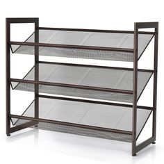 a metal rack with mesh sides and four shelves