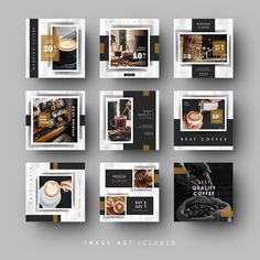 a bunch of square photos with coffee images on the front and back side, all in black and white