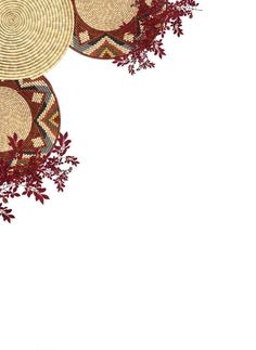 three woven baskets with red leaves on the top and bottom, in front of a white background