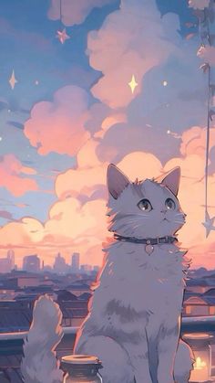 a white cat sitting on top of a roof next to a sky filled with clouds