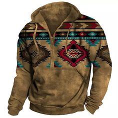 Hobo Chic, Half Zip Hoodie, Sweatshirts Pattern, Ethnic Print, Half Zip Pullover