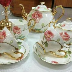 tea set with pink roses and gold trimmings