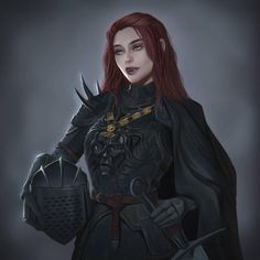 a woman with red hair and black armor holding a metal object in her hand while standing against a dark background