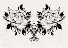 black and white flowers are on the back of a tattoo design, which is drawn in ink