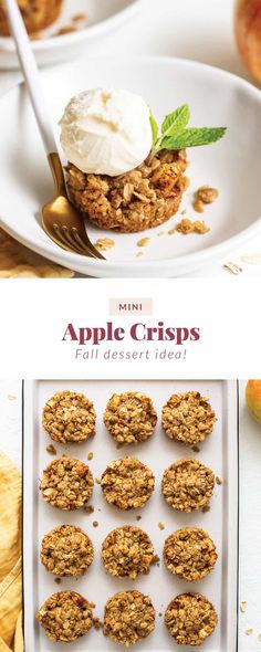 apple crispes on a white plate with ice cream and apples in the background, along with text overlay that reads mini apple crispes full dessert idea