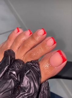 Nail Ideas Feet Summer, Red French Tip Nails Pedicure, Cute Acrylic Toes Design, Short Red Tip Acrylic Nails, Toe Nail Valentine Designs, Acrylic Nails Toes Art Designs, Red Mani And Pedi, Valentines Nails And Toes, Toes French Tip Designs