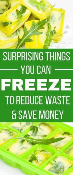 there is a green tray filled with food and the words, surprising things you can freeze to reduce waste & save money