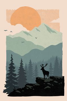 a deer standing on top of a lush green forest under a red and orange sun