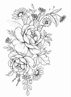 a black and white drawing of flowers