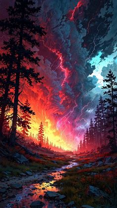 a painting of a colorful sunset in the woods