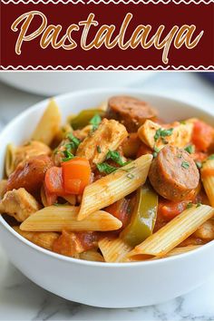 pasta with sausage and peppers in a white bowl on a marble countertop next to a red sign that says pasta alla