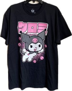 Kawaii Black T-shirt With Screen Print, Cute Black Crew Neck Shirt, Trendy Black Shirt With Character Print, Kawaii Black Top With Character Print, Kawaii Black Crew Neck T-shirt, Cute Black Tops With Cartoon Print, Cute Black Top With Cartoon Print, Cute Black Short Sleeve T-shirt, Black Kawaii Top With Character Print