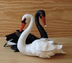 two black and white swans sitting next to each other on a wooden surface with wood grain behind them