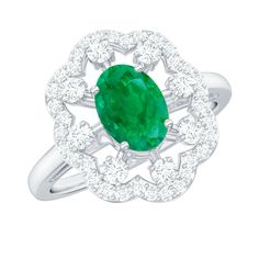 1.75 CT Oval Cut Emerald and Moissanite Vintage Statement Ring Emerald - ( AAA ) - Quality - Rosec Jewels Oval Setting, May Birthstone Rings, Floral Halo, May Birthstone, 18k Yellow Gold Ring, Signature Jewelry, Timeless Jewelry, Ring Sizer, Style Statement