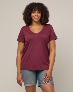 Morgan Merino Wool V-neck Tee - Plum Classic V-neck Relaxed Fit T-shirt, Relaxed Fit V-neck Top For Everyday, Solid Color V-neck Everyday T-shirt, Everyday Solid V-neck T-shirt, Solid Color V-neck T-shirt For Everyday, Everyday V-neck Top In Specific Color, Classic V-neck T-shirt In Relaxed Fit, Classic V-neck T-shirt With Relaxed Fit, Stretch V-neck Top For Everyday