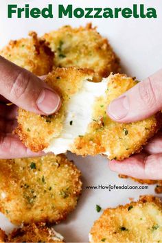 someone is holding up some fried food to the camera with their hands on top of it