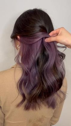 purple peekaboo hair｜TikTok Search Butterfly Haircut With Peekaboo, Purple Hair Brown Hair, Subtle Purple Hair Highlights, Brown Hair And Purple Highlights, Peekaboo Hair Dark Brown, Brown And Dark Purple Hair, Peekaboo Hair Purple And Brown, Hair Colour Ideas For Brown Hair, Peekaboo On Brown Hair