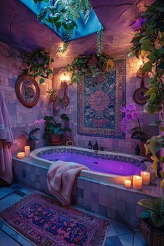 a bathtub with candles lit up in the corner and plants growing on the wall