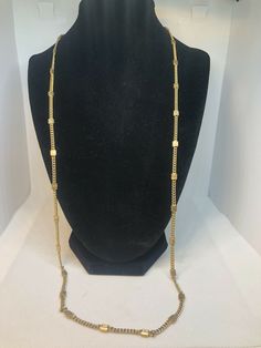 BOTH ART DECO AND MINIMALIST LOVELY GOLD TONE CHAIN WITH RECTANGULAR BEADS IN GOLD, CAN BE WORN SINGLE OR DOUBLED, WEAR IT UP OR DOWN, PICS-More Treasures Here- https://www.etsy.com/shop/TreasureFoundToShare Adjustable Gold Metal Long Necklace, Metal Long Necklace With Adjustable Chain As Gift, Modern Adjustable Gold-tone Necklace, Rectangular Metal Necklace With Adjustable Chain, Gold Adjustable Link Chain Necklace, Adjustable Gold Link Necklace, Rectangular Gold Chain Metal Necklace, Gold Necklace With Adjustable Rectangular Links, Gold Link Necklace With Adjustable Fit