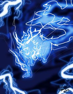 a blue and white drawing of a demon on a dark background with lightning streaks in the sky