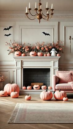 a living room decorated for halloween with pumpkins on the floor