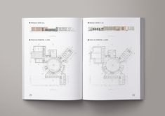 an open book with architectural drawings on the cover and in it's center section