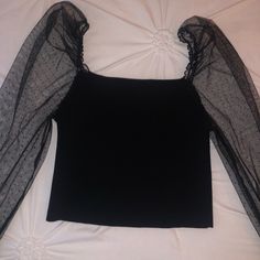 Zara Black Top With Balloon Sheer Sleeves Very Cute Size M Never Worn Black Mesh Top With Sheer Sleeves For Winter, Elegant Black Mesh Top For Winter, Chic Black Mesh Top For Winter, Zara Black Top, Sheer Sleeves Top, Sheer Sleeves, Zara Black, Zara Tops, Black Top