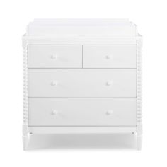 a white dresser with three drawers and two drawers on the bottom, in front of a white background