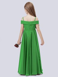 Description:   Off Shoulder Straps Chiffon Junior Bridesmaid Dress   Details:     Silhouette: A-line  Fabric: Chiffon  Neckline: Off the Shoulder  Sleeve Length: Sleeveless  Embellishment: Pleated  Floor-length chiffon dress.   With padding and boning.    Available in full-size range (J4-J16) and in  custom size         Ask a question Green Chiffon Bridesmaid Dress For Banquet, Summer Green Evening Dress With Ruched Bodice, Summer Party Bridesmaid Dress With Pleated Bodice, Summer Bridesmaid Gown With Ruched Bodice, Solid Chiffon Bridesmaid Dress, Green Summer Bridesmaid Dress For Formal Occasions, Green Maxi Bridesmaid Dress For Prom, Chiffon Dress With Ruched Bodice For Banquet, Green Summer Bridesmaid Evening Dress