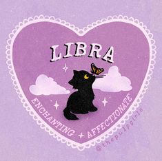 a black cat with a butterfly on its nose and the words libra above it