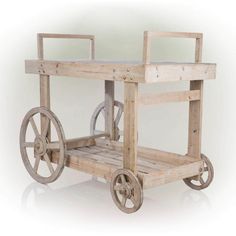 a wooden cart with wheels is shown on a white background