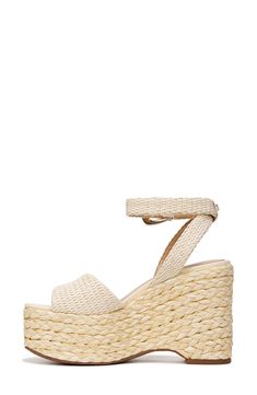 Braided trim highlights the platform wedge of a classic espadrille topped with sleek, streamlined straps. 4" heel; 2" platform (size 8.5) 3" strap height Adjustable ankle strap with buckle closure; hidden elastic inset Leather, textile or synthetic upper/synthetic lining and sole Imported Flip Flop Slippers, The Platform, Clutch Pouch, Designer Crossbody Bags, Espadrille Sandals, Sandals Brands, Sweaters And Leggings, Platform Wedge