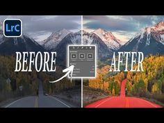 the before and after photoshopped image of a road with mountains in the background